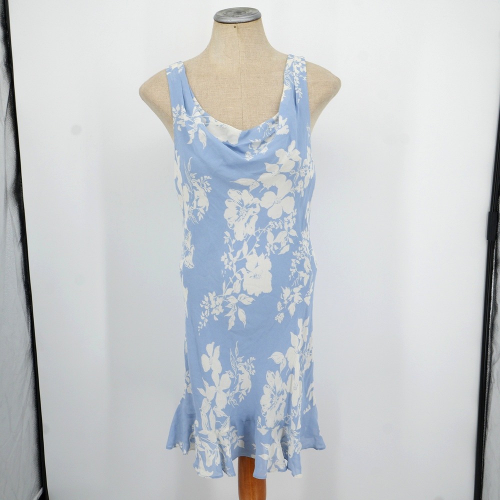 Reformation Rudie Mini Dress 6 Blue Floral Cowl Neck Ruffle Hem Summer‎ Wedding